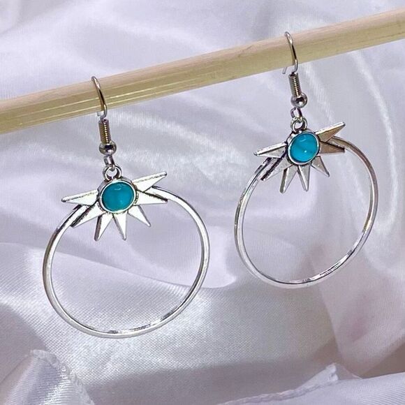 AVZ Silver & Turquoise Hoop Dangle Earrings - Picture 2 of 8